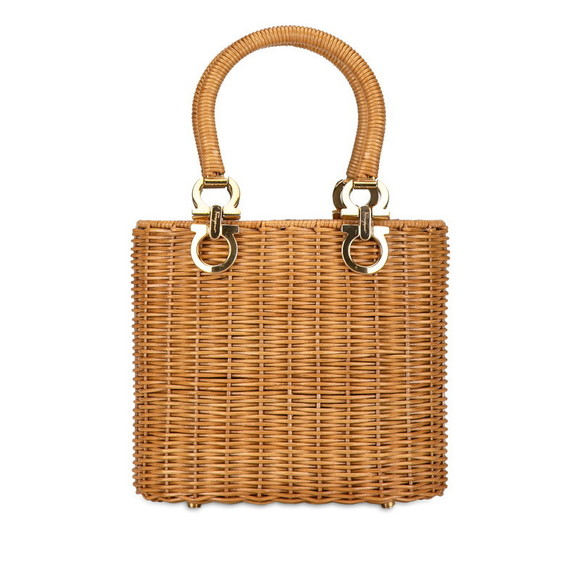 Salvatore Ferragamo Gancini Handbag Bucket Bag Beige Raffia - Picture 1 of 10